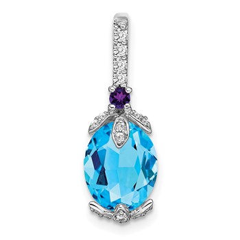 14k White Gold 10x8mm Oval Blue Topaz/Amethyst/Diamond Pendant