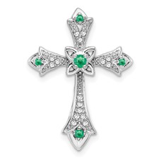 Image of 10K White Gold Emerald and Diamond Fleur de Lis Cross Chain Slide