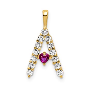 YG Sterling Silver Large Initial A CZ & Cr. Ruby Pendant