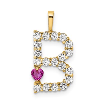YG Sterling Silver Large Initial B CZ & Cr. Ruby Pendant