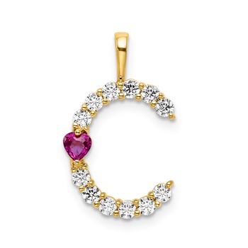 YG Sterling Silver Large Initial C CZ & Cr. Ruby Pendant