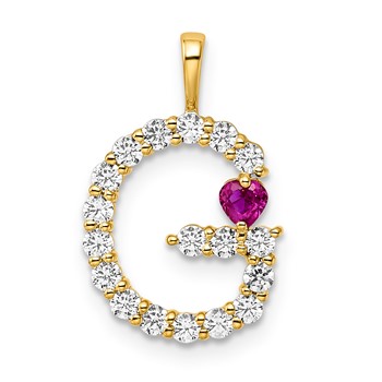 YG Sterling Silver Large Initial G CZ & Cr. Ruby Pendant
