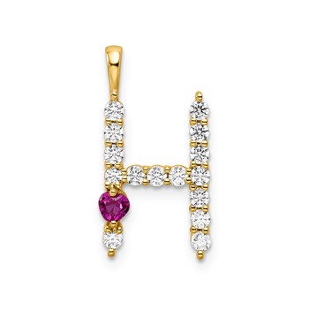 YG Sterling Silver Large Initial H CZ & Cr. Ruby Pendant