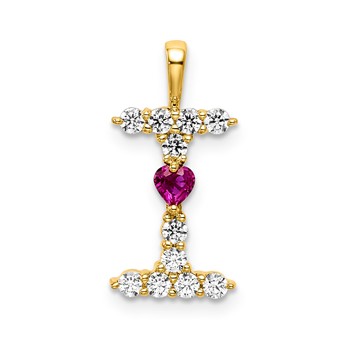 YG Sterling Silver Large Initial I CZ & Cr. Ruby Pendant
