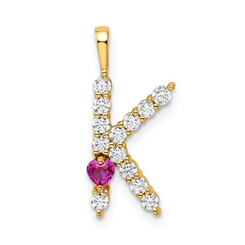 YG Sterling Silver Large Initial K CZ & Cr. Ruby Pendant