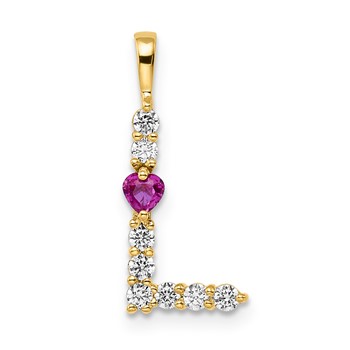 YG Sterling Silver Large Initial L CZ & Cr. Ruby Pendant