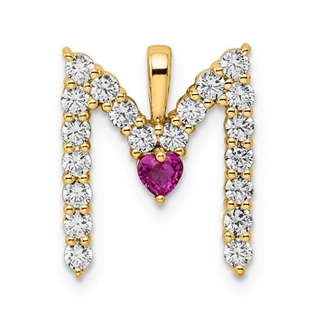 YG Sterling Silver Large Initial M CZ & Cr. Ruby Pendant