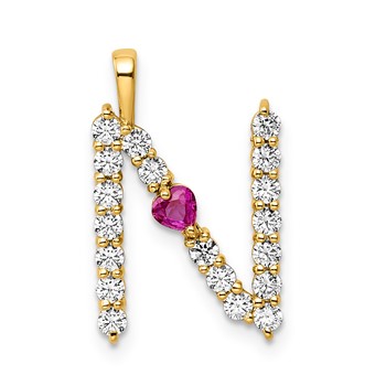 YG Sterling Silver Large Initial N CZ & Cr. Ruby Pendant