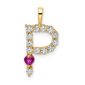 YG Sterling Silver Large Initial P CZ & Cr. Ruby Pendant