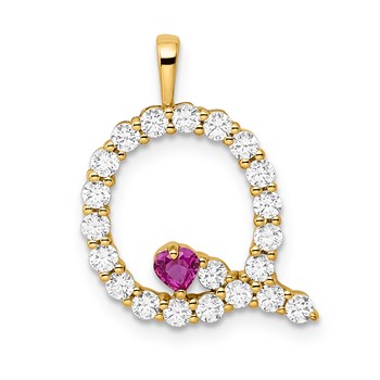 YG Sterling Silver Large Initial Q CZ & Cr. Ruby Pendant