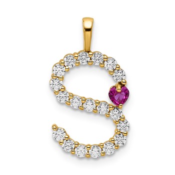 YG Sterling Silver Large Initial S CZ & Cr. Ruby Pendant