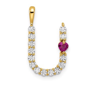 YG Sterling Silver Large Initial U CZ & Cr. Ruby Pendant