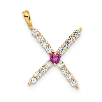 YG Sterling Silver Large Initial X CZ & Cr. Ruby Pendant