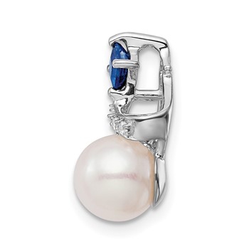 14k White Gold 7-8mm Round White Freshwater Cultured Pearl/Square Sapphire/Diamond Chain Slide — alternate view