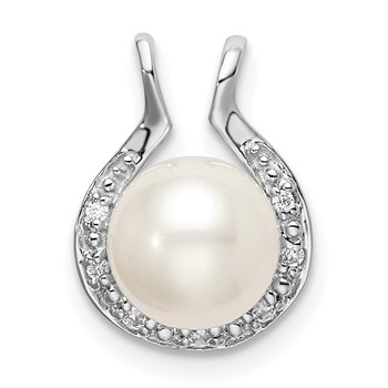 14k White Gold 7-8mm Round White Freshwater Cultured Pearl and Diamond Chain Slide