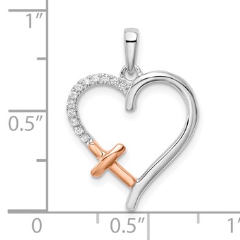 14k Two-tone White and Rose Heart with Cross 1/20 carat Diamond Pendant — alternate view