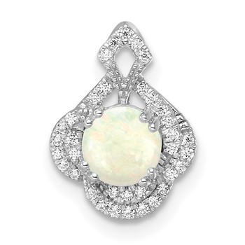 14k White Gold Polished Oval Opal and Diamond Vintage Chain Slide