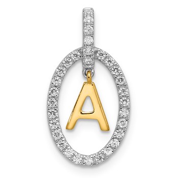 Sterling Silver w/YG Initial A in CZ Oval Frame Pendant