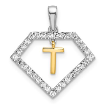 Sterling Silver w/YG Initial T in CZ Diamond Frame Pendant