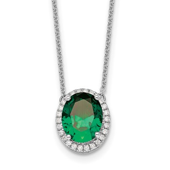 14k White Gold 10x8mm Oval Lab Created Emerald and Diamond Halo 18 inch Necklace