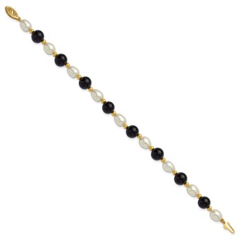 14k 6-7mm White Rice Freshwater Cultured Pearl and Onyx Beaded 8 inch Bracelet — alternate view