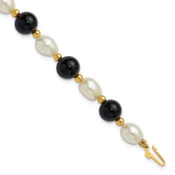 14k 6-7mm White Rice Freshwater Cultured Pearl and Onyx Beaded 8 inch Bracelet