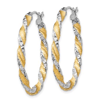 14k White Gold & Yellow Rhodium Twisted D/C Oval Hoop Earrings — alternate view