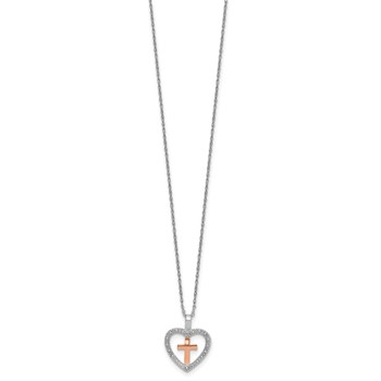 SS with 10k Rose Plated Cross In Heart Diamond Pendant Necklace — alternate view