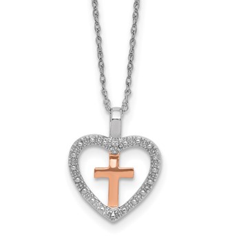 SS with 10k Rose Plated Cross In Heart Diamond Pendant Necklace