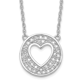 Sterling Silver Polished Diamond Heart in Circle with 2 in ext Necklace
