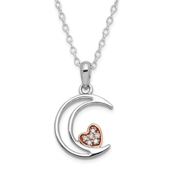 Sterling Silver w/ 10k Rose Accent Diamond Heart Moon Necklace