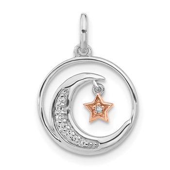 Sterling Silver w/ 10k Rose Accent Diamond Star & Moon Pendant
