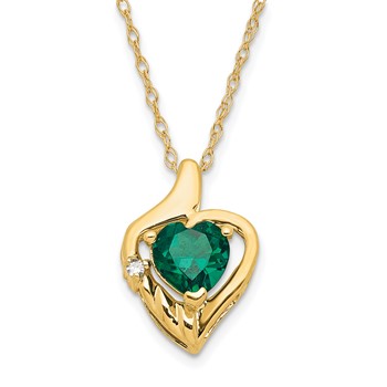 10ky Polished Created Emerald & Diamond Heart Necklace