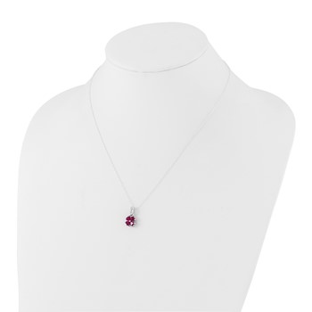 Sterling Silver Polished Created Ruby & CZ Heart Clover Necklace — alternate view