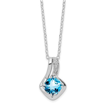 SS Cushion Checkerboard Blue Topaz and Diamond Pend Necklace