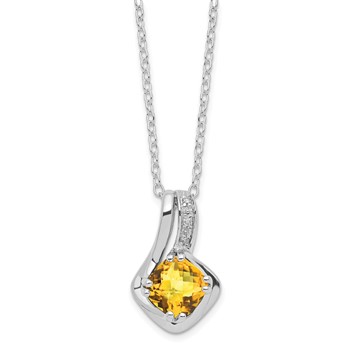 SS Cushion Checkerboard Citrine and Diamond Pend Necklace