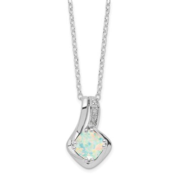 Sterling Silver Cushion Checkerboard Cab Created Opal and Diamond Necklace