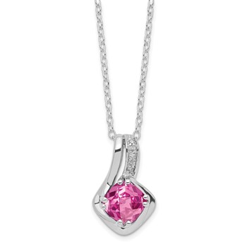 SS Cushion Checkerboard Created Pink Sapphire and Diamond Pend Necklace