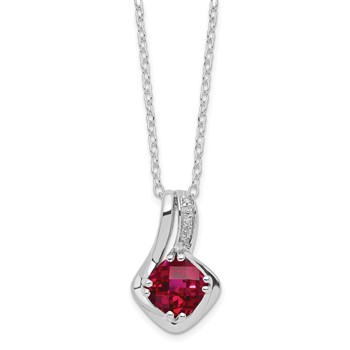 Sterling Silver Cushion Checkerboard Created Ruby and Diamond Necklace