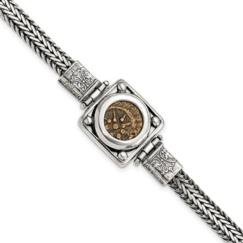 Ancient Coins Sterling Silver and Bronze Antiqued Widow's Mite Coin 7 inch Fancy Lobster Clasp Bracelet with a Certificate of Authenticity