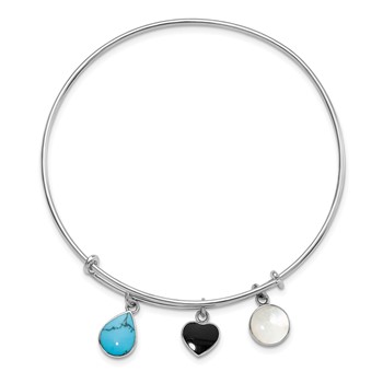 Sterling Silver Rhod-plate Onyx Syn. Turq. MOP Expandable Bangle — alternate view