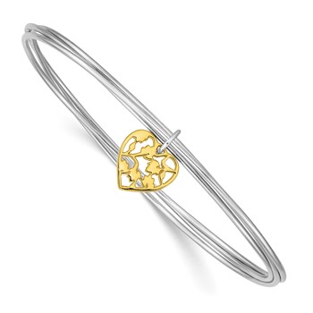 Sterling Silver Rhodium-plated Polished Gold-tone Heart Bangle