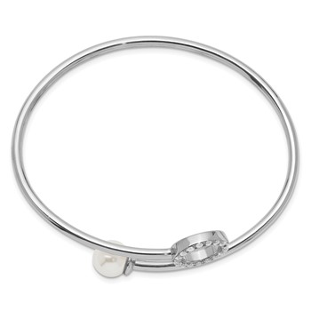 Sterling Silver Rh-pl Imitation Shell Pearl and CZ Flexible Bangle — alternate view