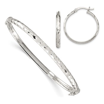 Sterling Silver D/C 4mm Bangle and 3mm Hoop Earring Set