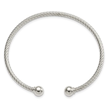 Sterling Silver Polished Twisted w/1 Thread Ball Cuff Bangle — alternate view