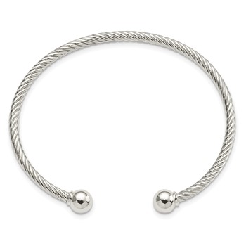Sterling Silver Rhod-plated Twisted w/1 Thread Ball Cuff Bangle — alternate view