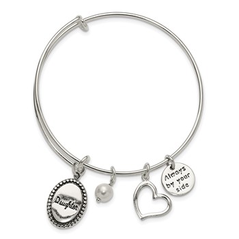 Sterling Silver Antiqued Syn. Pearl Daughter Charm Adjustable Bangle — alternate view