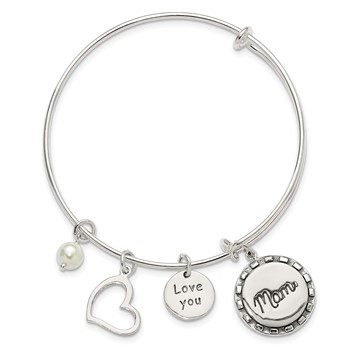 Sterling Silver Antiqued Syn. Pearl Love You Mom Charm Adjustable Bangle — alternate view