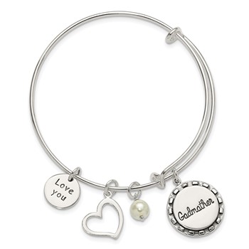 Sterling Silver Antiqued Syn. Pearl Godmother Charm Adjustable Bangle — alternate view