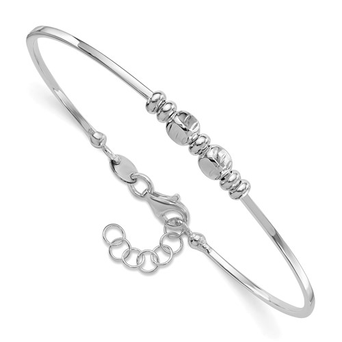 Sterling Silver Rhod-plated Polished Beads w/.75 in ext Bangle Bracelet